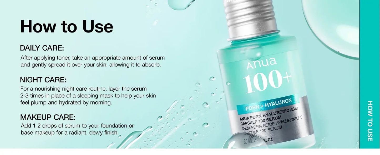 Anua PDRN Hyaluronic Acid 100 Capsules Serum, Revitalizing Face Serum, Hyaluronic Acid, Moisturizing, Korean Skincare