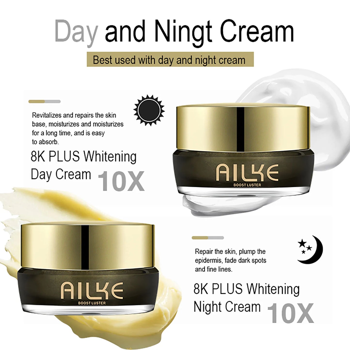 AILKE Whitening Face Cream, Reduce Dark Spots, Inhibit Melanin, With Collagen, Glutathione, For All Skin Types