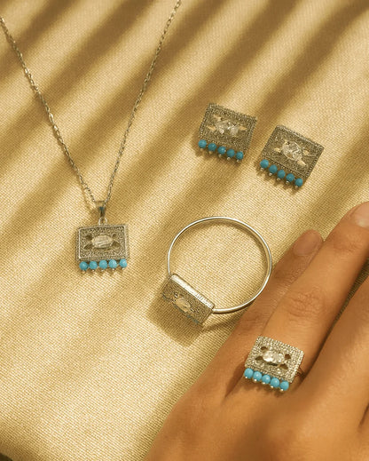 Silver Rectangle Crystal & Pearl Jewelry Set